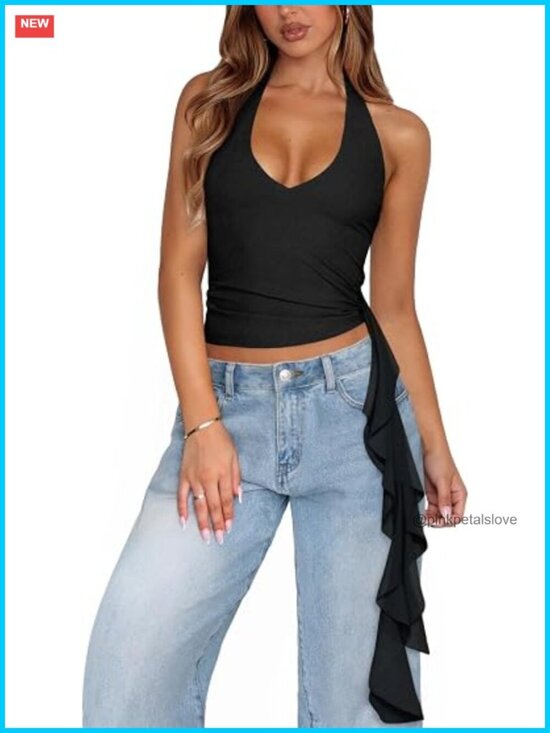 Tops - Mesh Open Back Tie Halter Crop Top Deep V Neck Tank Going Out